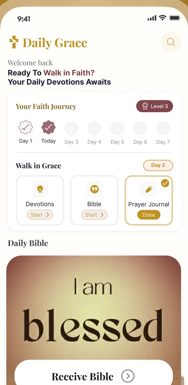 The Daily Grace home screen: Your Faith Journey with a level badge, and the day's Devotions, Bible and Prayer Journal cards