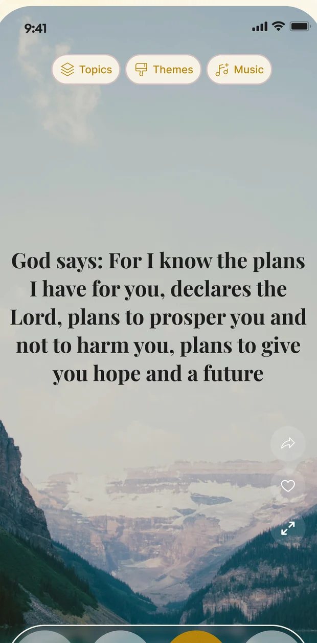 A full-screen scripture passage in Daily Grace, with Topics, Themes and Music controls at the top